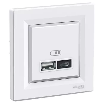   Schneider EPH2700321 Asfora USB dupla töltő (2,4A), A+C típusú csatlakozókkal, fehér burkolattal, keret nélkül, süllyesztett EPH2700321