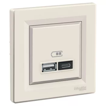   Schneider EPH2700323 Asfora USB dupla töltő (2,4A), A+C típusú csatlakozókkal, bézs burkolattal, kerettel, süllyesztett