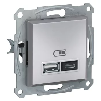   Schneider EPH2700361 Asfora USB dupla töltő (2,4A), A+C típusú csatlakozókkal, aluminium burkolattal. keret nélkül, süllyesztett