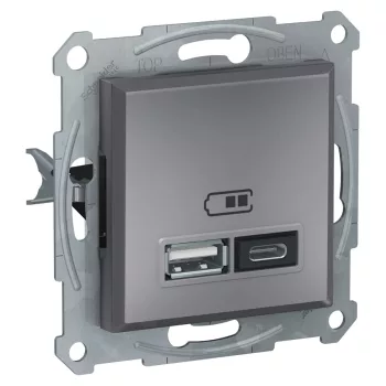   Schneider EPH2700362 Asfora USB dupla töltő (2,4A), A+C típusú csatlakozókkal, acél burkolattal. keret nélkül, süllyesztett