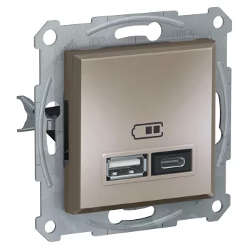   Schneider EPH2700369 Asfora USB dupla töltő (2,4A), A+C típusú csatlakozókkal, bronz burkolattal. keret nélkül, süllyesztett