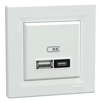   Schneider Electric Asfora EPH2700521 USB dupla töltő (3 A - 21 W), A+C típusú csatlakozókkal, fehér burkolattal, kerettel, süllyesztett