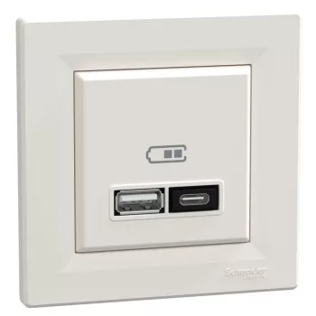   Schneider Electric Asfora EPH2700523 USB dupla töltő (3 A - 21 W), A+C típusú csatlakozókkal, bézs burkolattal, kerettel, süllyesztett