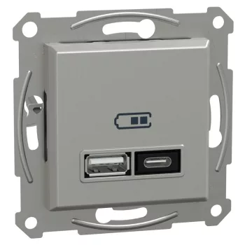   Schneider Electric Asfora EPH2700561 USB dupla töltő (3 A - 21 W), A+C típusú csatlakozókkal, aluminium burkolattal, keret nélkül, süllyesztett