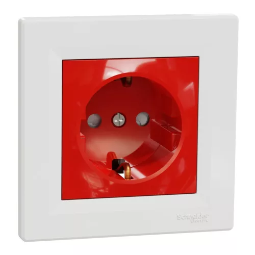 Schneider Electric Asfora EPH2900521 földelt csatlakozóaljzat (dugalj), gyermekvédelemmel, 2P+F, piros betéttel, fehér kerettel, süllyesztett, 16A 250V ( EPH2900521 ).