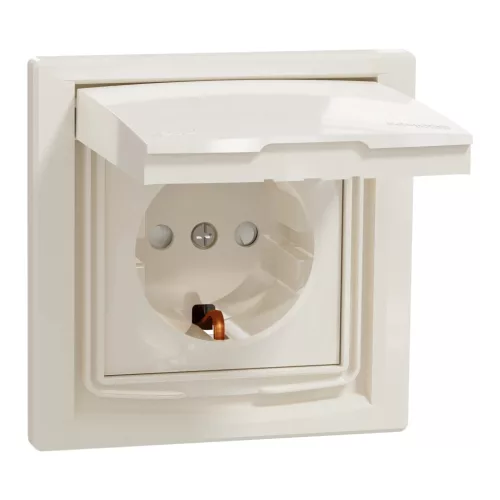 Schneider Electric Asfora EPH3100323 vízmentes földelt csatlakozóaljzat (dugalj), gyermekvédelemmel, csapófedéllel, 2P+F, bézs burkolattal, kerettel, IP44, süllyesztett, 16A 250V ( EPH3100323 ).