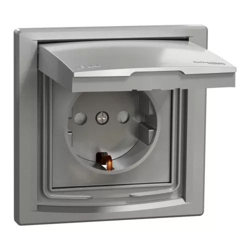 Schneider Electric Asfora EPH3100361 vízmentes földelt csatlakozóaljzat (dugalj), gyermekvédelemmel, csapófedéllel, 2P+F, aluminium burkolattal, kerettel, IP44, süllyesztett, 16A 250V ( EPH3100361 ).