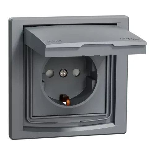 Schneider Electric Asfora EPH3100362 vízmentes földelt csatlakozóaljzat (dugalj), gyermekvédelemmel, csapófedéllel, 2P+F, acél burkolattal, kerettel, IP44, süllyesztett, 16A 250V ( EPH3100362 ).