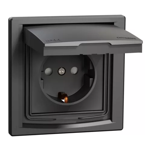 Schneider Electric Asfora EPH3100371 vízmentes földelt csatlakozóaljzat (dugalj), gyermekvédelemmel, csapófedéllel, 2P+F, antracit burkolattal, kerettel, IP44, süllyesztett, 16A 250V ( EPH3100371 ).
