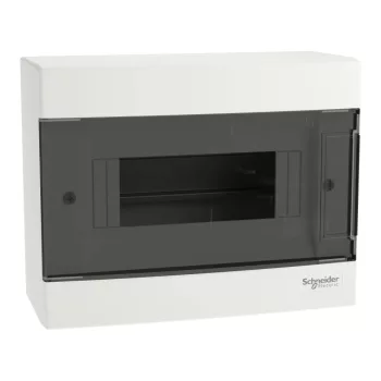 Schneider Easy9 EU EZ9EUC108 kiselosztó, füstszínű átlátszó ajtó, falon kívüli szerelés, 1x8 modul