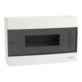 Schneider Easy9 EU EZ9EUC112 kiselosztó, füstszínű átlátszó ajtó, falon kívüli szerelés, 1x12 modul