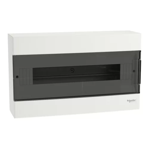 Schneider Easy9 EU EZ9EUC118 kiselosztó, füstszínű átlátszó ajtó, falon kívüli szerelés, 1x18 modul