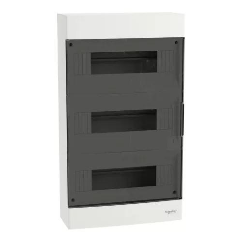 Schneider Easy9 EU EZ9EUC312 kiselosztó, füstszínű átlátszó ajtó, falon kívüli szerelés, 3x12 modul