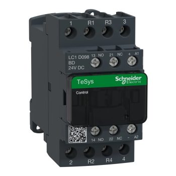   Schneider Electric, TeSys D, LC1D098BD, Mágneskapcsoló, 20A (400V, AC1), 4 pólus, 2 Záró + 2 Nyitó főérintkező, 24V DC vezerlés, csavaros csatlakozás, TeSys D (Schneider LC1D098BD)