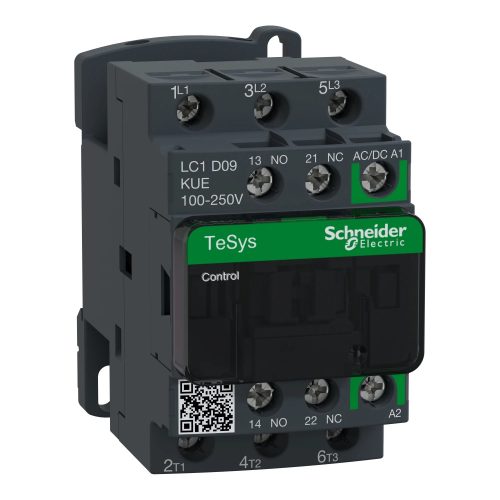 Schneider LC1D09KUE, Tesys D Green mágneskapcsoló, 4kW/9A (400V, AC3), 120..250V AC/DC vezerlés, 1Z+1Ny, csavaros csatlakozás