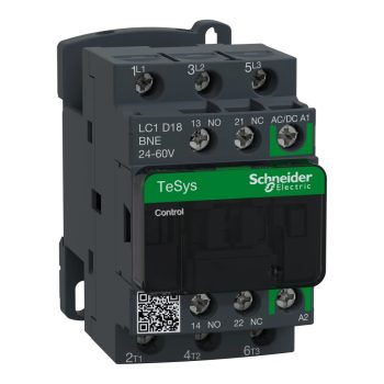   Schneider LC1D18BNE, Tesys D Green mágneskapcsoló, 7.5kW/18A (400V, AC3), 24..60V AC/DC vezerlés, 1Z+1Ny, csavaros csatlakozás