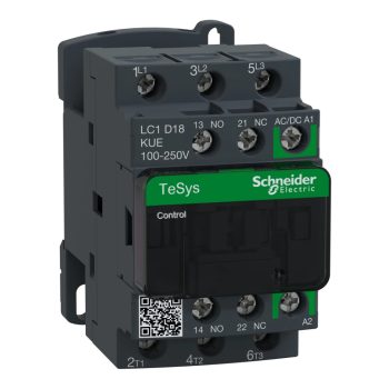   Schneider LC1D18KUE, Tesys D Green mágneskapcsoló, 7.5kW/18A (400V, AC3), 120..250V AC/DC vezerlés, 1Z+1Ny, csavaros csatlakozás