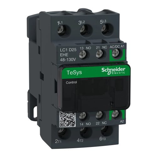 Schneider LC1D25EHE, Tesys D Green mágneskapcsoló, 11kW/25A (400V, AC3), 48..130V AC/DC vezerlés, 1Z+1Ny, csavaros csatlakozás