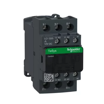   Schneider Electric, TeSys D, LC1D25JL, Mágneskapcsoló, 11kW/25A (400V, AC3), 12V DC vezerlés, 1Z+1Ny, csavaros csatlakozás, kis fogyasztású tekerccsel, TeSys D (Schneider LC1D25JL)