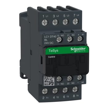   Schneider Electric, TeSys D, LC1DT40BL, Mágneskapcsoló, 40A (400V, AC1), 4 pólus, 4 Záró főérintkező, 24V DC vezerlés, csavaros csatlakozás, kis fogyasztású tekerccsel, TeSys D (Schneider LC1DT40BL)