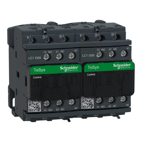 Schneider Electric, Forgásirányváltó magneskapcsoló, 4kW/9A (400V, AC3), 48V AC 50/60 Hz vezerlés, 1Z+1Ny, csavaros csatlakozás, TeSys D (Schneider LC2D09E7)
