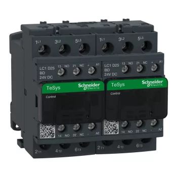   Schneider Electric, Forgásirányváltó magneskapcsoló, 11kW/25A (400V, AC3), 24V DC vezerlés, 1Z+1Ny, csavaros csatlakozás, TeSys D (Schneider LC2D25BD)