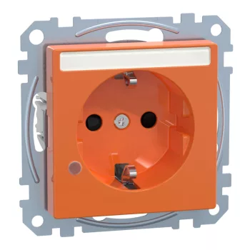   Schneider Electric Merten MEG2303-0302 Feliratozható földelt csatlakozóaljzat 2P+F (dugalj), biztonsági zsaluval, jelzőfénnyel, narancs burkolattal, keret nélkül, süllyesztett, rugós bekötés, 16A 250V - System-M (M-Plan / M-Pure / M-Smart)