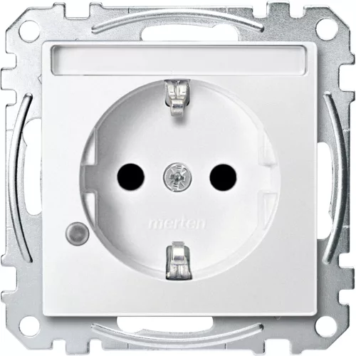 Schneider Electric Merten MEG2303-0419 Feliratozható földelt csatlakozóaljzat 2P+F (dugalj), biztonsági zsaluval, jelzőfénnyel, mattfehér burkolattal, keret nélkül, süllyesztett, rugós bekötés, 16A 250V - System-M (M-Plan / M-Pure / M-Smart)