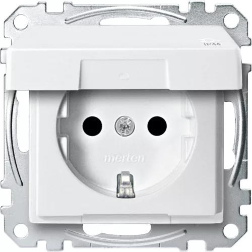 Schneider Electric Merten MEG2314-0419 Földelt csatlakozóaljzat 2P+F (dugalj), vízmentes (IP44), biztonsági zsaluval, csapófedéllel, mattfehér burkolattal, keret nélkül, süllyesztett, rugós bekötés, 16A 250V - System-M (M-Plan / M-Pure / M-Smart)