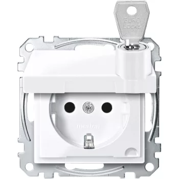   Schneider Electric Merten MEG2315-0325 Földelt csatlakozóaljzat 2P+F (dugalj), biztonsági zsaluval, zárható csapófedéllel, aktívfehér burkolattal, keret nélkül, süllyesztett, rugós bekötés, 16A 250V - System-M (M-Plan / M-Pure / M-Smart)