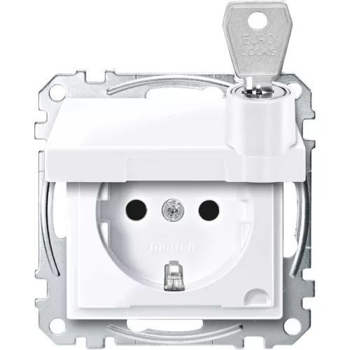 Schneider Electric Merten MEG2315-0325 Földelt csatlakozóaljzat 2P+F (dugalj), biztonsági zsaluval, zárható csapófedéllel, aktívfehér burkolattal, keret nélkül, süllyesztett, rugós bekötés, 16A 250V - System-M (M-Plan / M-Pure / M-Smart)