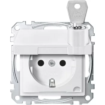   Schneider Electric Merten MEG2315-0419 Földelt csatlakozóaljzat 2P+F (dugalj), biztonsági zsaluval, zárható csapófedéllel, mattfehér burkolattal, keret nélkül, süllyesztett, rugós bekötés, 16A 250V - System-M (M-Plan / M-Pure / M-Smart)