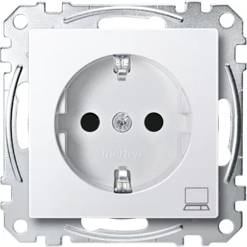  Schneider Electric Merten MEG2350-0419 Földelt csatlakozóaljzat 2P+F (dugalj), biztonsági zsaluval, számítógép szimbólummal, mattfehér burkolattal, keret nélkül, süllyesztett, rugós bekötés, 16A 250V - System-M (M-Plan / M-Pure / M-Smart)