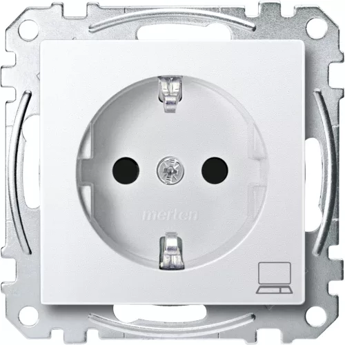 Schneider Electric Merten MEG2350-0419 Földelt csatlakozóaljzat 2P+F (dugalj), biztonsági zsaluval, számítógép szimbólummal, mattfehér burkolattal, keret nélkül, süllyesztett, rugós bekötés, 16A 250V - System-M (M-Plan / M-Pure / M-Smart)