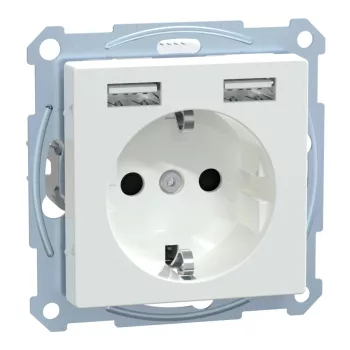   Schneider Electric Merten MEG2366-0325 Földelt csatlakozóaljzat 2P+F (dugalj), biztonsági zsaluval, USB A+A töltővel, aktívfehér burkolattal, keret nélkül, süllyesztett, rugós bekötés, 16A 250V - System-M (M-Plan / M-Pure / M-Smart)