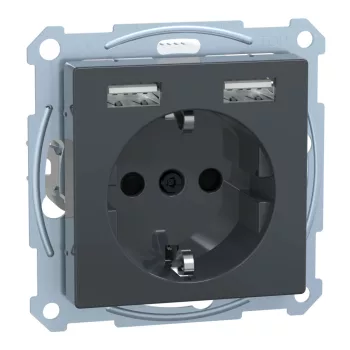   Schneider Electric Merten MEG2366-0414 Földelt csatlakozóaljzat 2P+F (dugalj), biztonsági zsaluval, USB A+A töltővel, antracit burkolattal, keret nélkül, süllyesztett, rugós bekötés, 16A 250V - System-M (M-Plan / M-Pure / M-Smart)