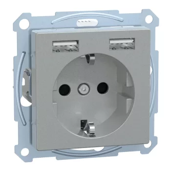   Schneider Electric Merten MEG2366-0460 Földelt csatlakozóaljzat 2P+F (dugalj), biztonsági zsaluval, USB A+A töltővel, alumínium burkolattal, keret nélkül, süllyesztett, rugós bekötés, 16A 250V - System-M (M-Plan / M-Pure / M-Smart)