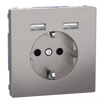   Schneider Electric Merten MEG2366-6050 Földelt csatlakozóaljzat 2P+F (dugalj), biztonsági zsaluval, USB A+A töltővel, nikkel burkolattal, keret nélkül, süllyesztett, rugós bekötés, 16A 250V - System-D (D-Life / D-Antik)