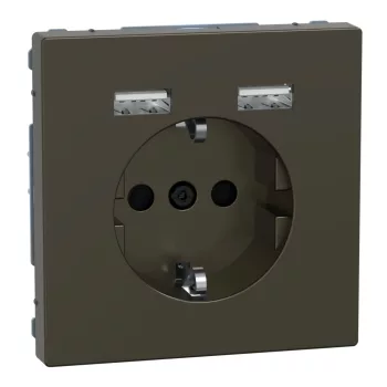   Schneider Electric Merten MEG2366-6052 Földelt csatlakozóaljzat 2P+F (dugalj), biztonsági zsaluval, USB A+A töltővel, mokka burkolattal, keret nélkül, süllyesztett, rugós bekötés, 16A 250V - System-D (D-Life / D-Antik)