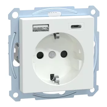   Schneider Electric Merten MEG2367-0325 Földelt csatlakozóaljzat 2P+F (dugalj), biztonsági zsaluval, USB A+C töltővel, aktívfehér burkolattal, keret nélkül, süllyesztett, rugós bekötés, 16A 250V - System-M (M-Plan / M-Pure / M-Smart)