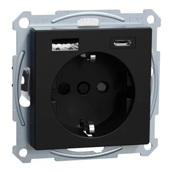   Schneider Electric Merten MEG2367-0403 Földelt csatlakozóaljzat 2P+F (dugalj), biztonsági zsaluval, USB A+C töltővel, fekete burkolattal, keret nélkül, süllyesztett, rugós bekötés, 16A 250V - System-M (M-Plan / M-Pure / M-Smart)