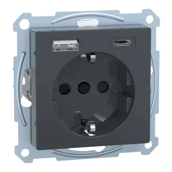   Schneider Electric Merten MEG2367-0414 Földelt csatlakozóaljzat 2P+F (dugalj), biztonsági zsaluval, USB A+C töltővel, antracit burkolattal, keret nélkül, süllyesztett, rugós bekötés, 16A 250V - System-M (M-Plan / M-Pure / M-Smart)
