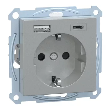   Schneider Electric Merten MEG2367-0460 Földelt csatlakozóaljzat 2P+F (dugalj), biztonsági zsaluval, USB A+C töltővel, alumínium burkolattal, keret nélkül, süllyesztett, rugós bekötés, 16A 250V - System-M (M-Plan / M-Pure / M-Smart)