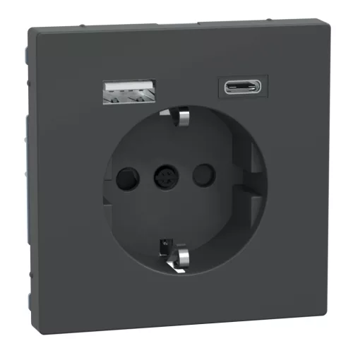 Schneider Electric Merten MEG2367-6034 Földelt csatlakozóaljzat 2P+F (dugalj), biztonsági zsaluval, USB A+C töltővel, antracit burkolattal, keret nélkül, süllyesztett, rugós bekötés, 16A 250V - System-D (D-Life / D-Antik)