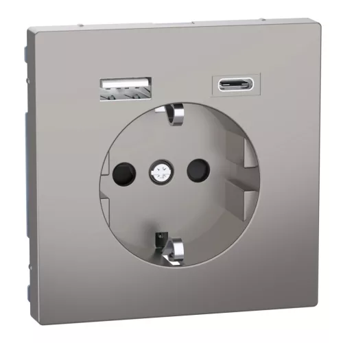 Schneider Electric Merten MEG2367-6050 Földelt csatlakozóaljzat 2P+F (dugalj), biztonsági zsaluval, USB A+C töltővel, nikkel burkolattal, keret nélkül, süllyesztett, rugós bekötés, 16A 250V - System-D (D-Life / D-Antik)