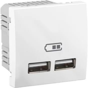   Schneider Unica MGU3.418.18 dupla USB töltő, 2,1A, 2 modulos, fehér burkolattal, keret és rögzítőkeret nélkül, süllyesztett