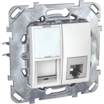   Schneider Unica MGU50.979.18Z kombinált csatlakozóaljzat RJ11/RJ45 Cat5e UTP, fehér burkolattal, keret nélkül, süllyesztett