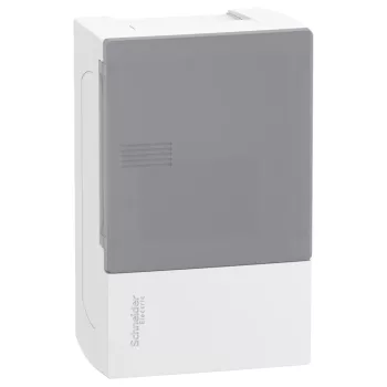 Schneider Resi9 MP MIP12104T kiselosztó, tejüveg hatású átlátszó ajtó, falon kívüli szerelés, 1x4 modul