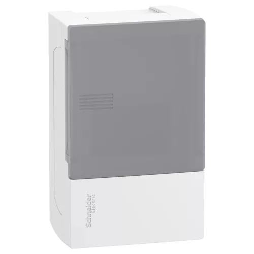 Schneider Resi9 MP MIP12104T kiselosztó, tejüveg hatású átlátszó ajtó, falon kívüli szerelés, 1x4 modul
