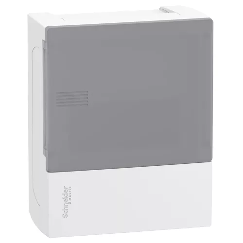 Schneider Resi9 MP MIP12106T kiselosztó, tejüveg hatású átlátszó ajtó, falon kívüli szerelés, 1x6 modul